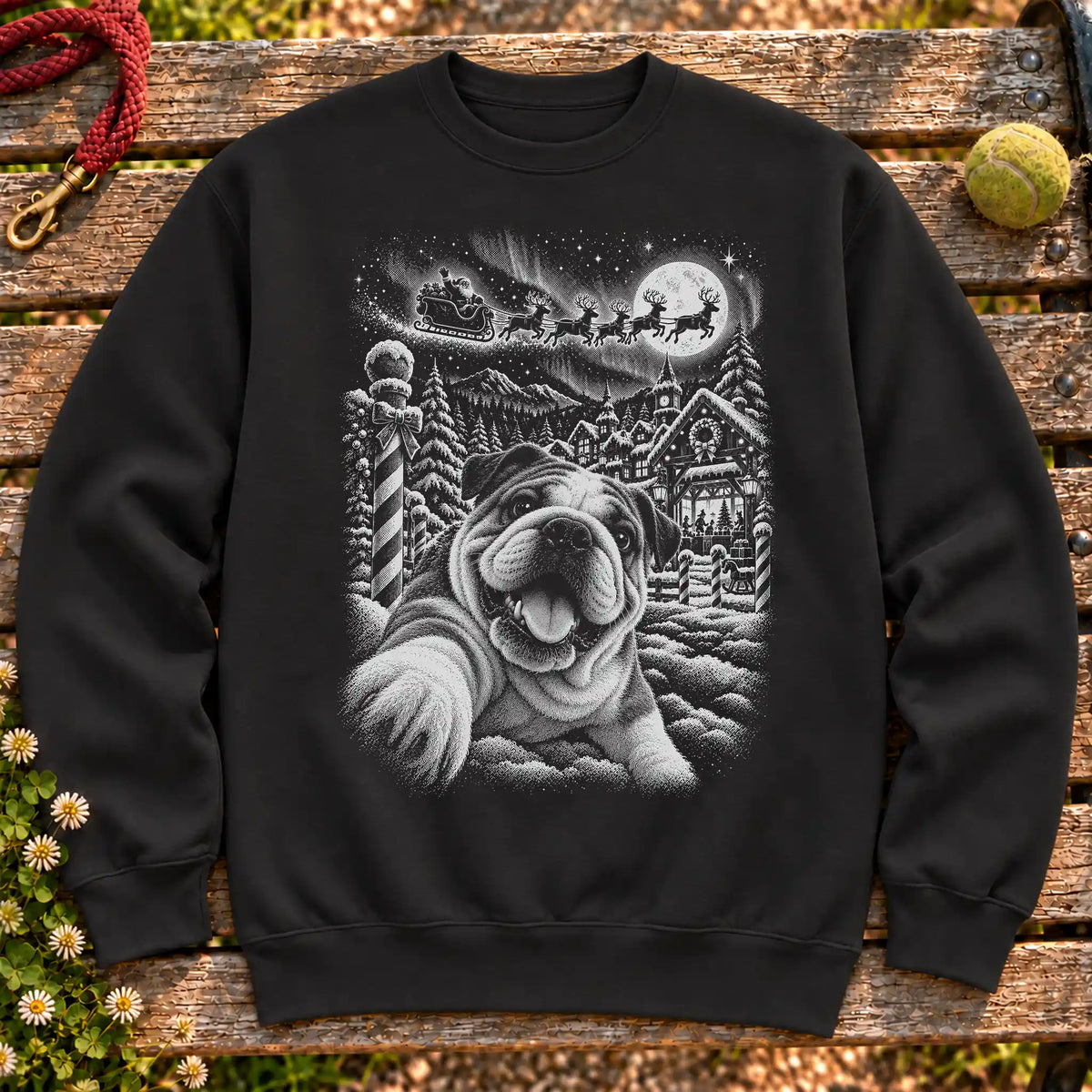 English Bulldog Santa Selfie design on a Black crewneck sweatshirt