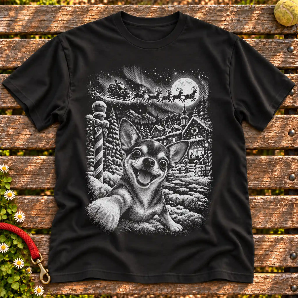Chihuahua Santa Selfie design on a Black T-shirt