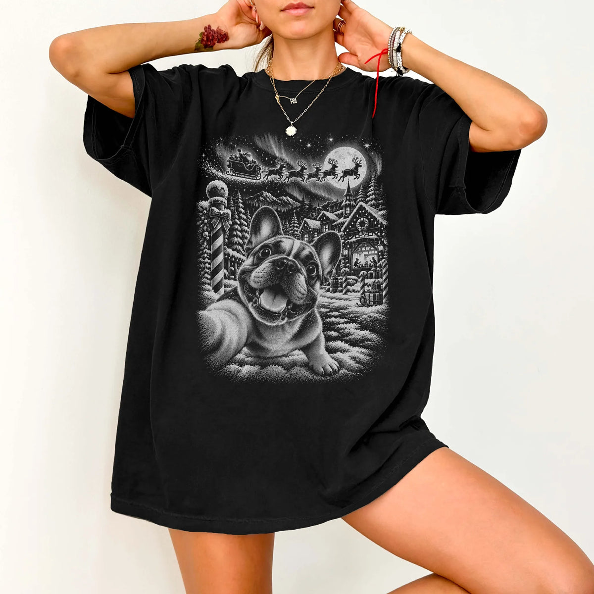 Woman wearing a Black French Bulldog Santa Selfie T-shirt