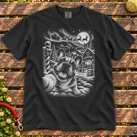 French Bulldog Santa Selfie design on a Black T-shirt