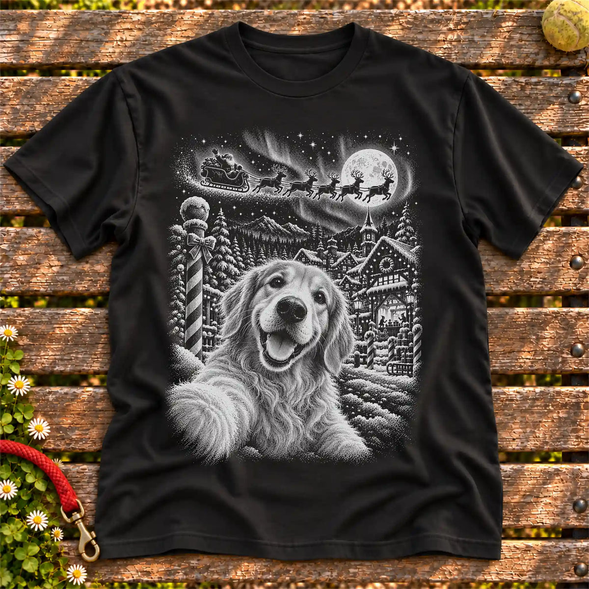 Golden Retriever Santa Selfie design on a Black T-shirt