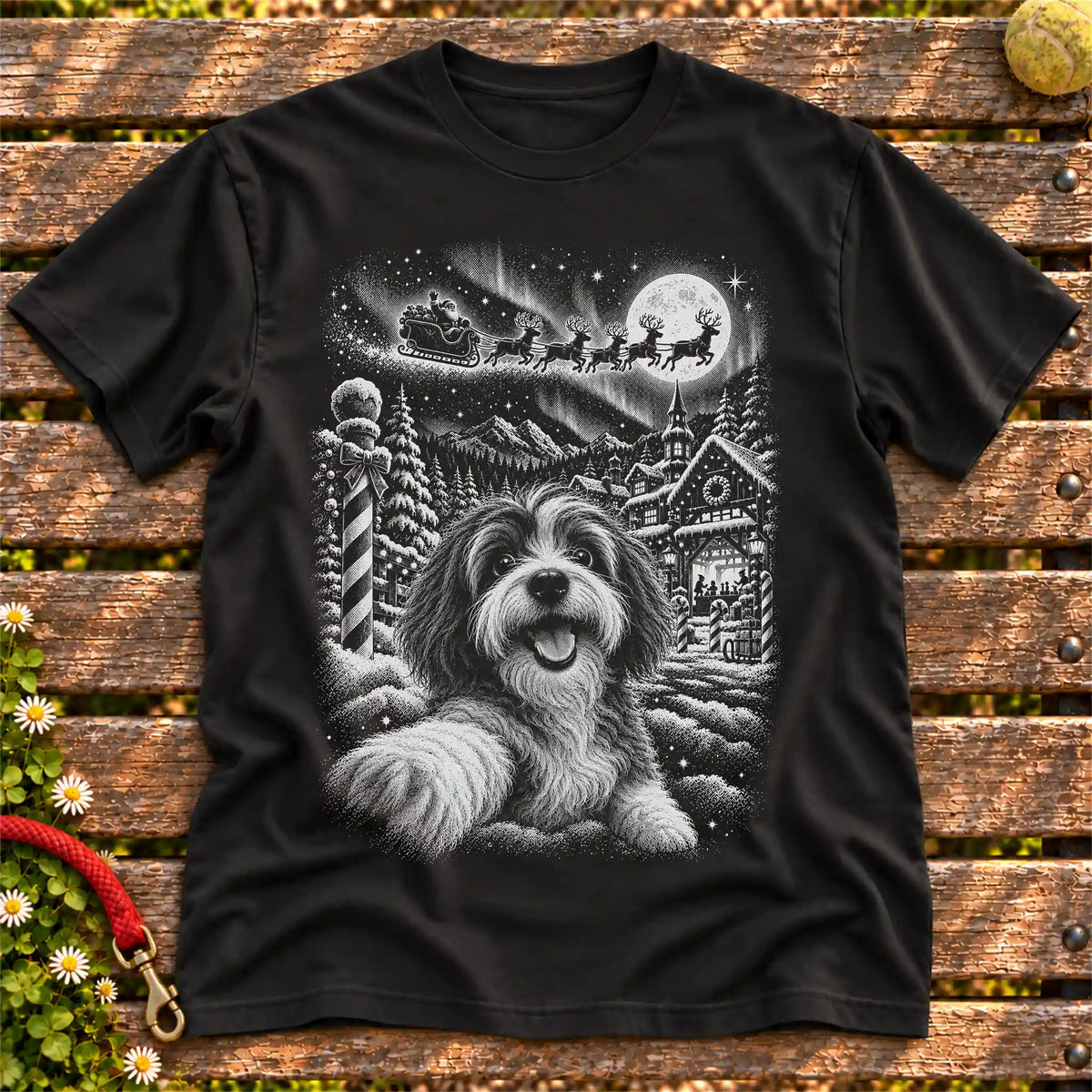Havanese Santa Selfie design on a Black T-shirt