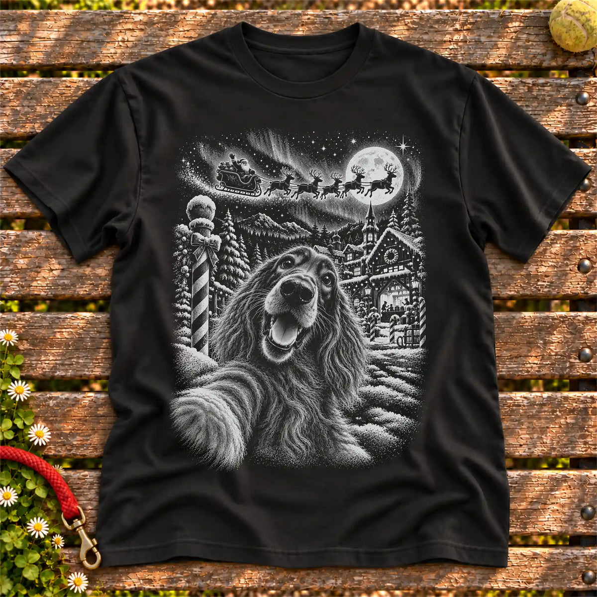 Irish Setter Santa Selfie design on a Black T-shirt