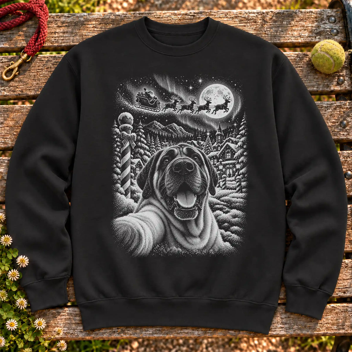 Mastiff Santa Selfie design on a Black crewneck sweatshirt