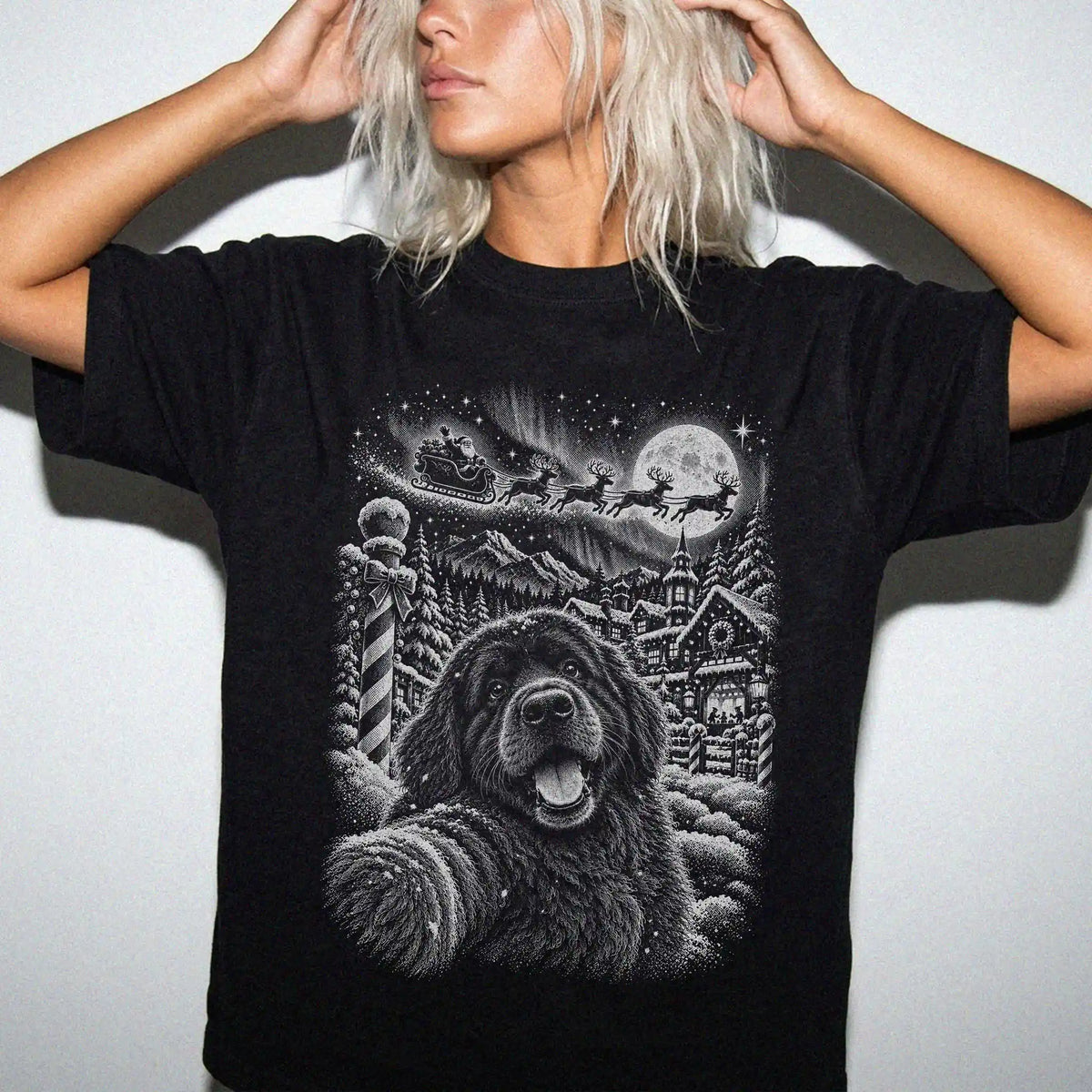 Woman wearing a Black Newfie Santa Selfie T-shirt