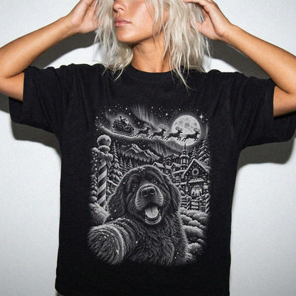 Woman wearing a Black Newfie Santa Selfie T-shirt