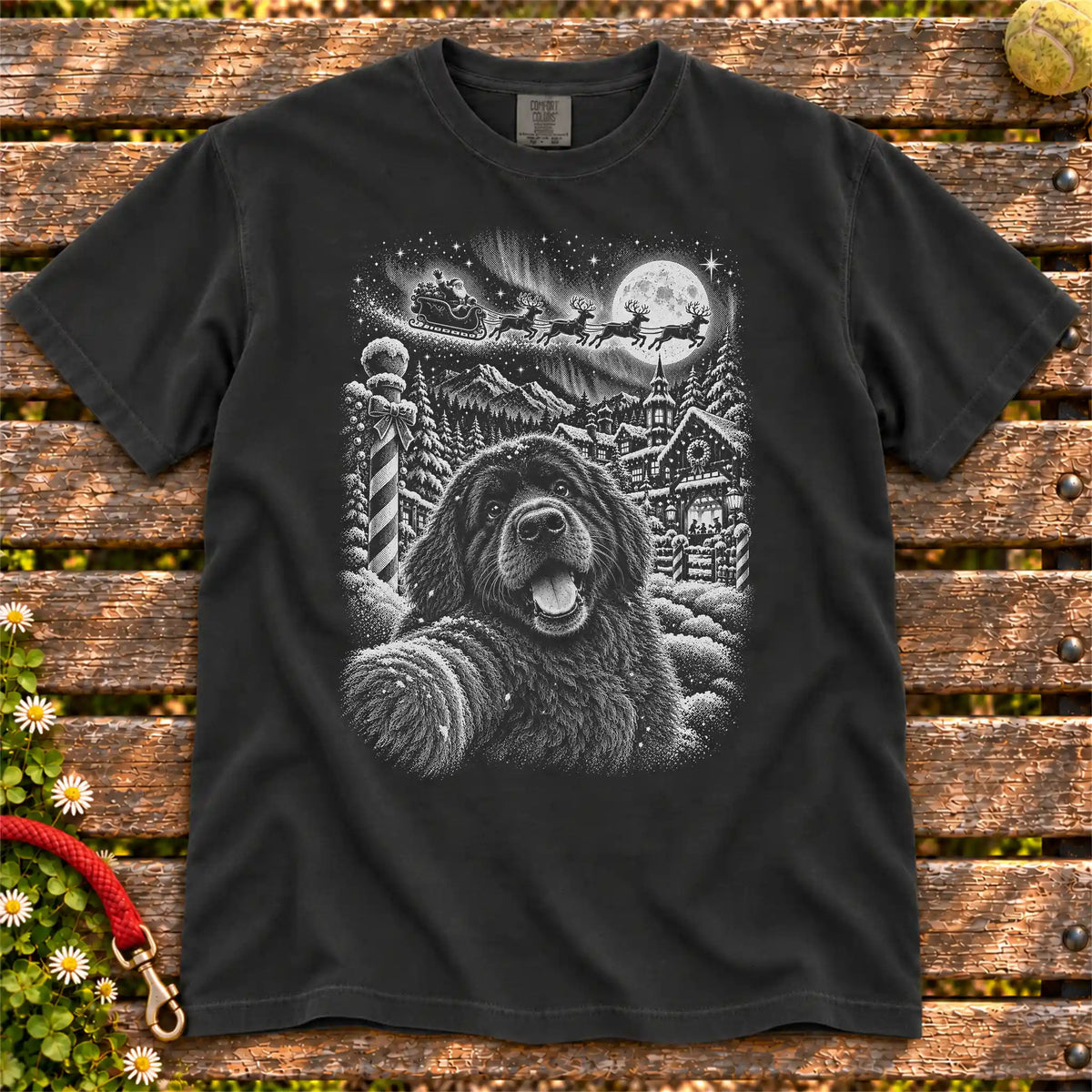 Newfie Santa Selfie design on a Black T-shirt