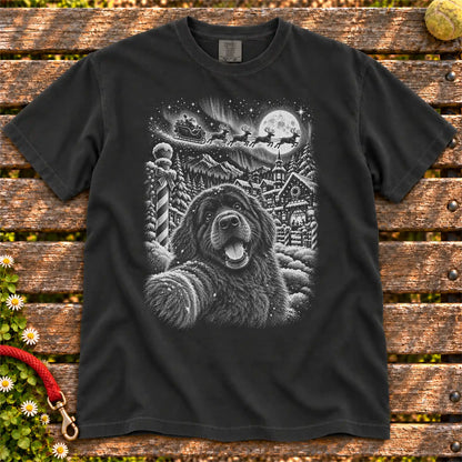 Newfie Santa Selfie design on a Black T-shirt