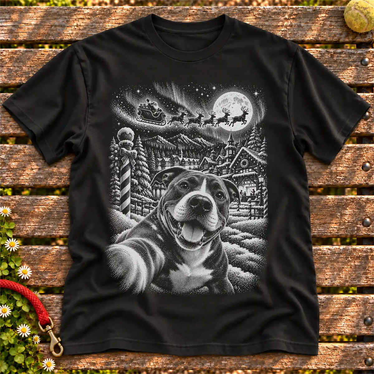 Pitbull Santa Selfie design on a Black T-shirt