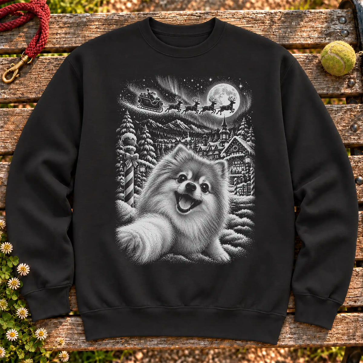 Pomeranian Santa Selfie design on a Black crewneck sweatshirt