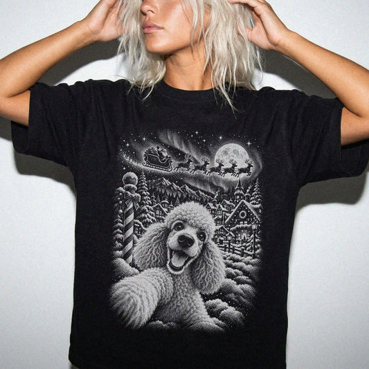 Woman wearing a Black Poodle Santa Selfie T-shirt