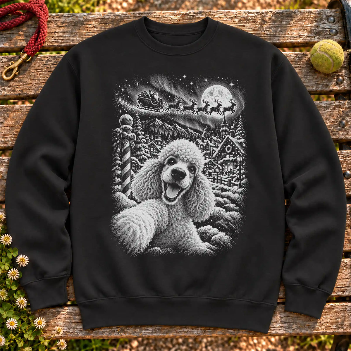 Poodle Santa Selfie design on a Black crewneck sweatshirt