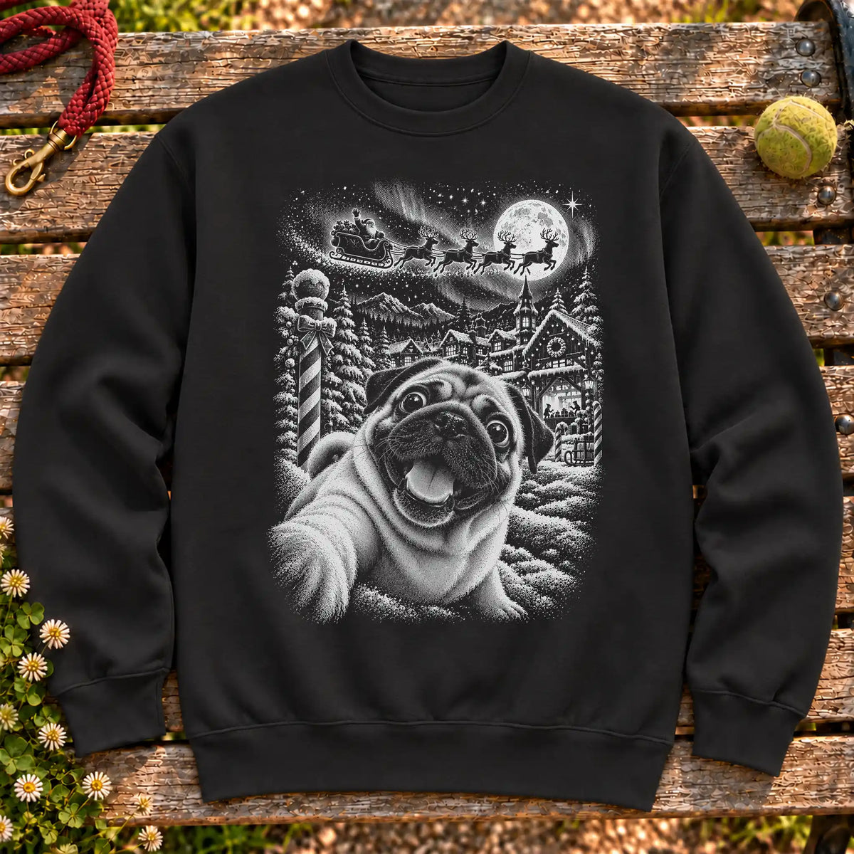 Pug Santa Selfie design on a Black crewneck sweatshirt