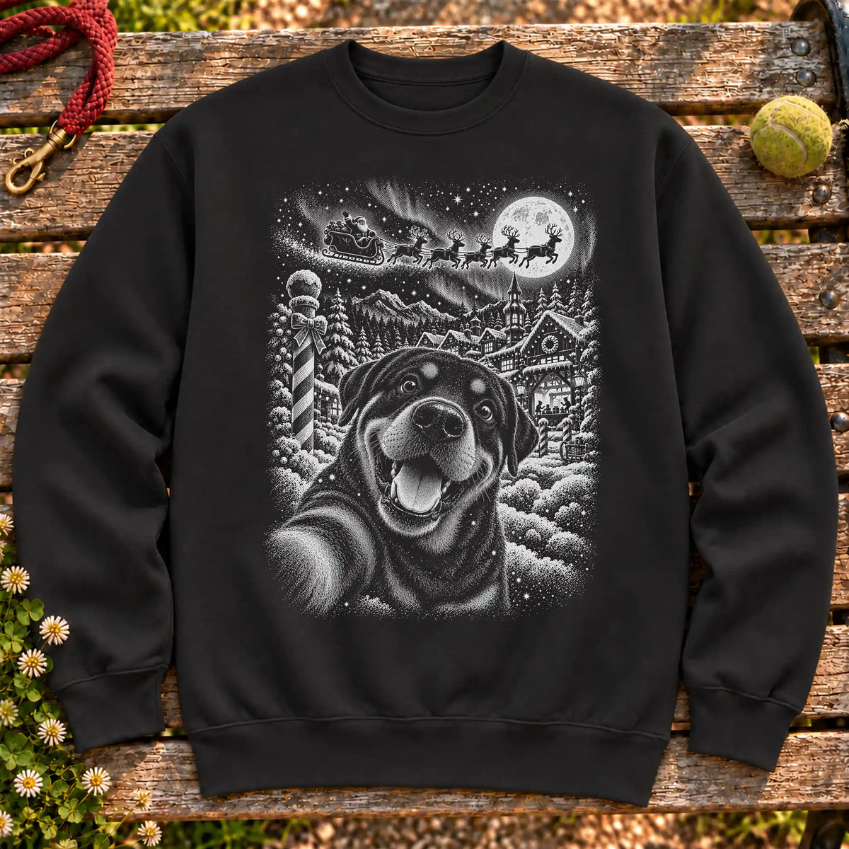 Rottweiler Santa Selfie design on a Black crewneck sweatshirt