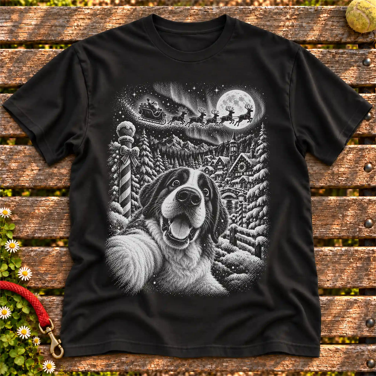 Saint Bernard Santa Selfie design on a Black T-shirt