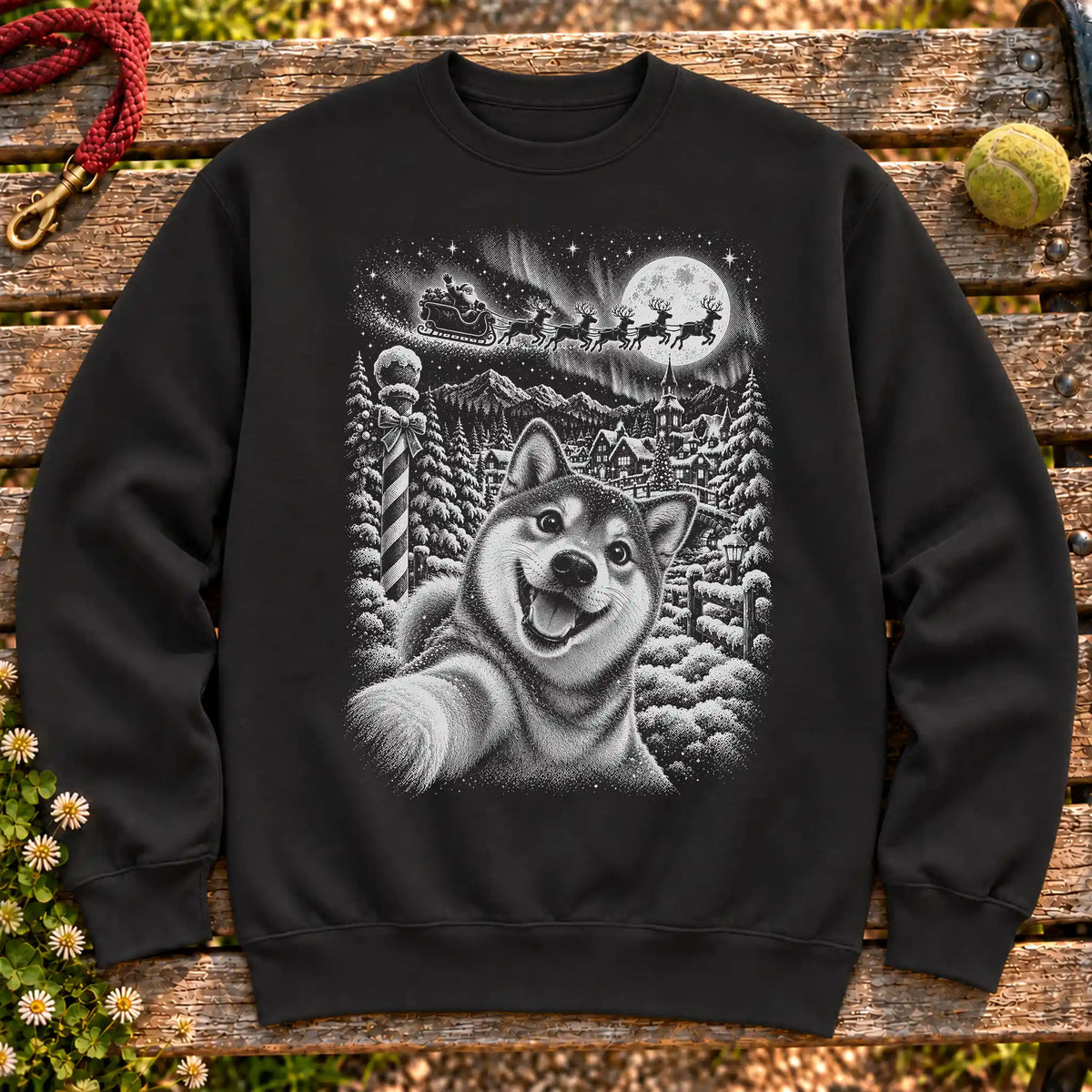 Shiba Inu Santa Selfie design on a Black crewneck sweatshirt