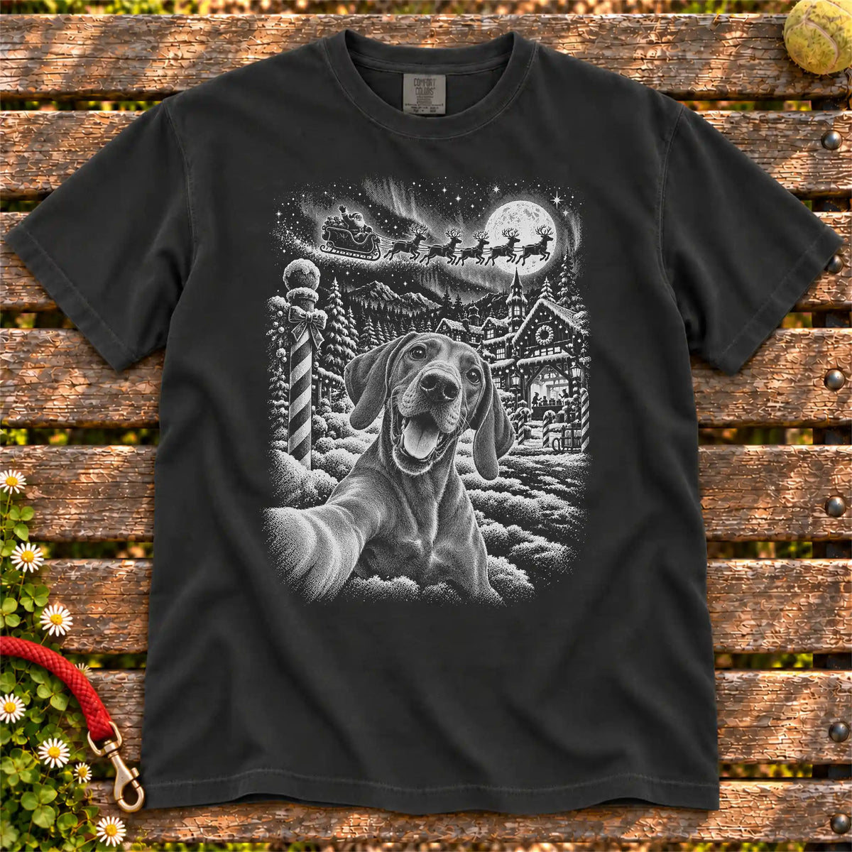 Vizsla Santa Selfie design on a Black T-shirt