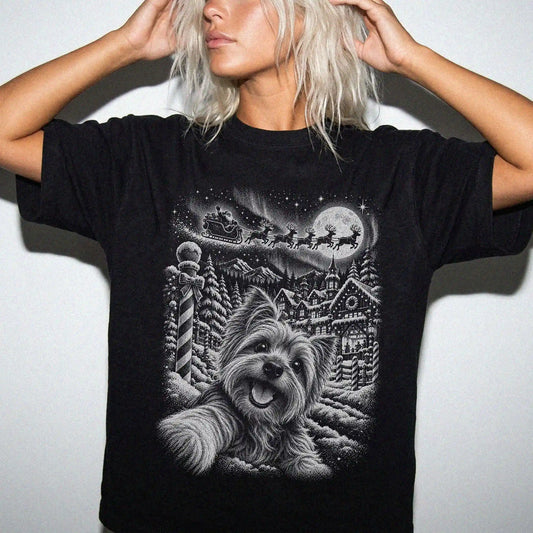 Woman wearing a Black Yorkie Santa Selfie T-shirt
