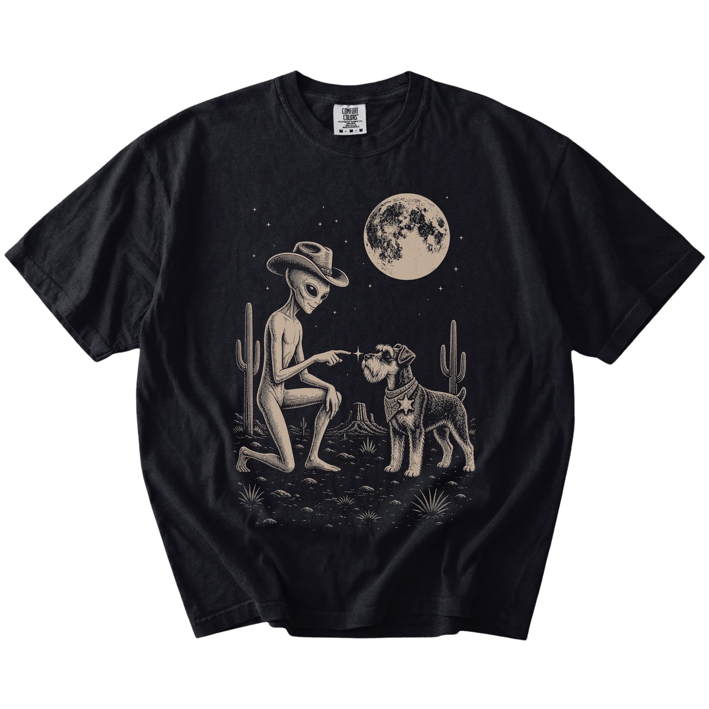 Cowboy alien fist-bumping a Schnauzer beneath the moon on a Black Comfort Colors® T-shirt