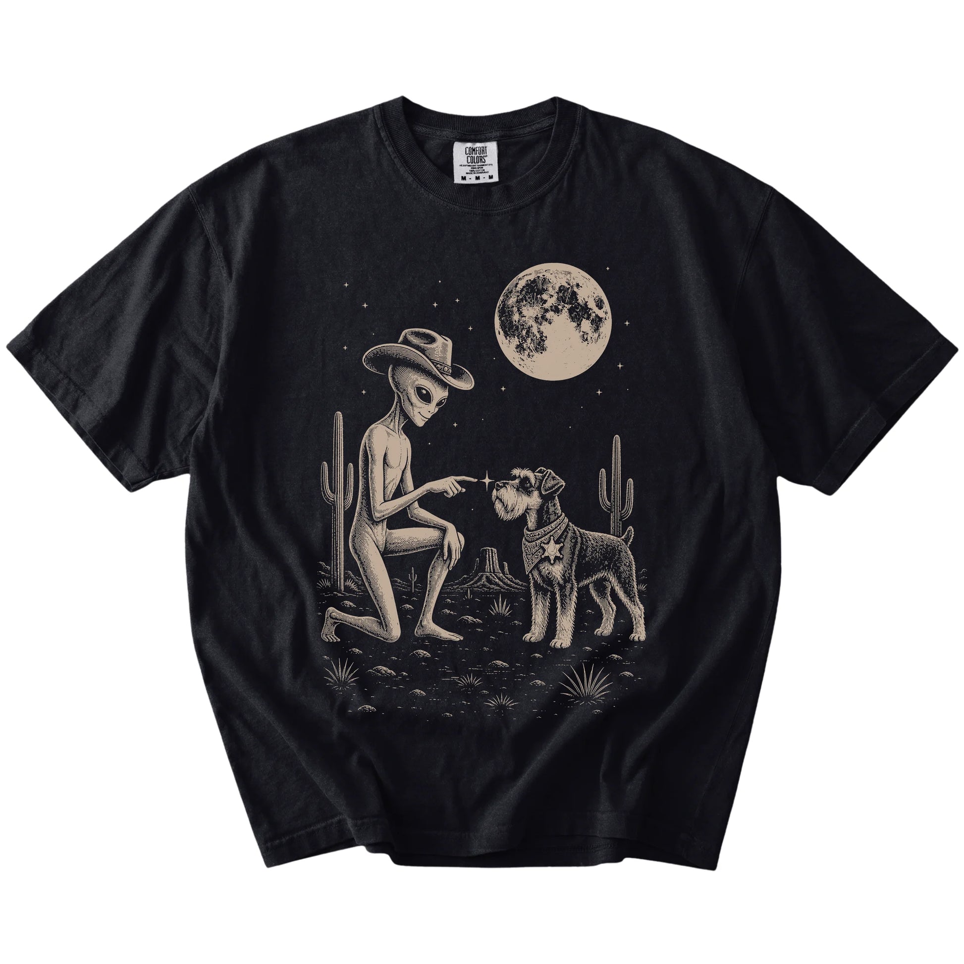 Cowboy alien fist-bumping a Schnauzer beneath the moon on a Black Comfort Colors® T-shirt