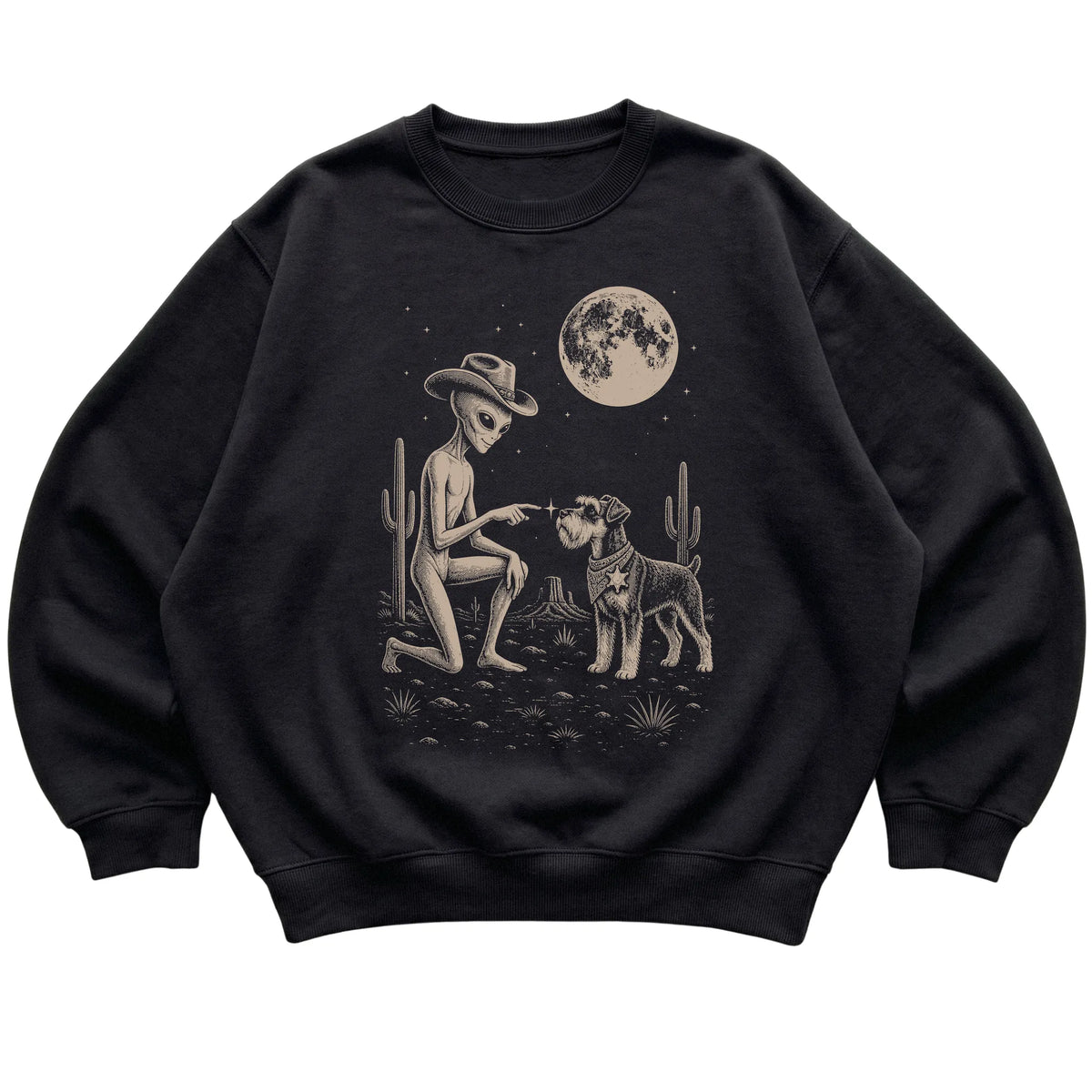 Black crewneck sweatshirt featuring Schnauzer Cowboy and Alien, laid-flat presentation