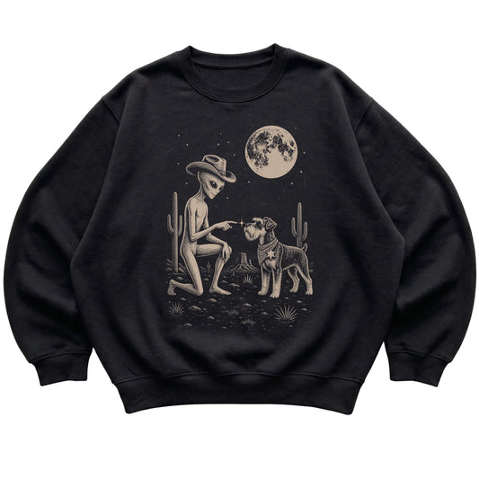 Black crewneck sweatshirt featuring Schnauzer Cowboy and Alien, laid-flat presentation