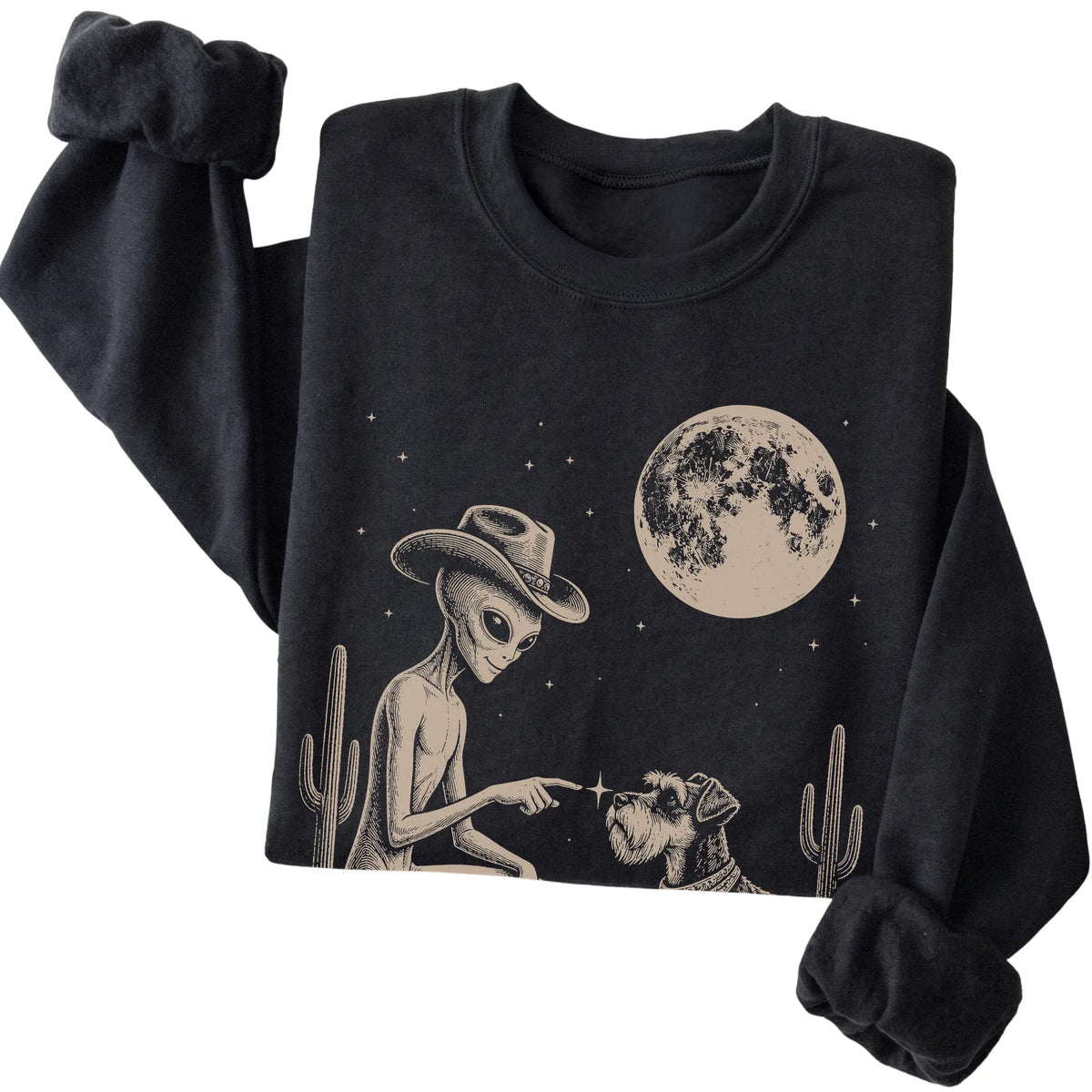 Black crewneck sweatshirt featuring Schnauzer Cowboy and Alien, folded presentation