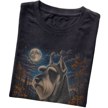 Folded black T-shirt with Schnauzer Autumn Moon artwork.