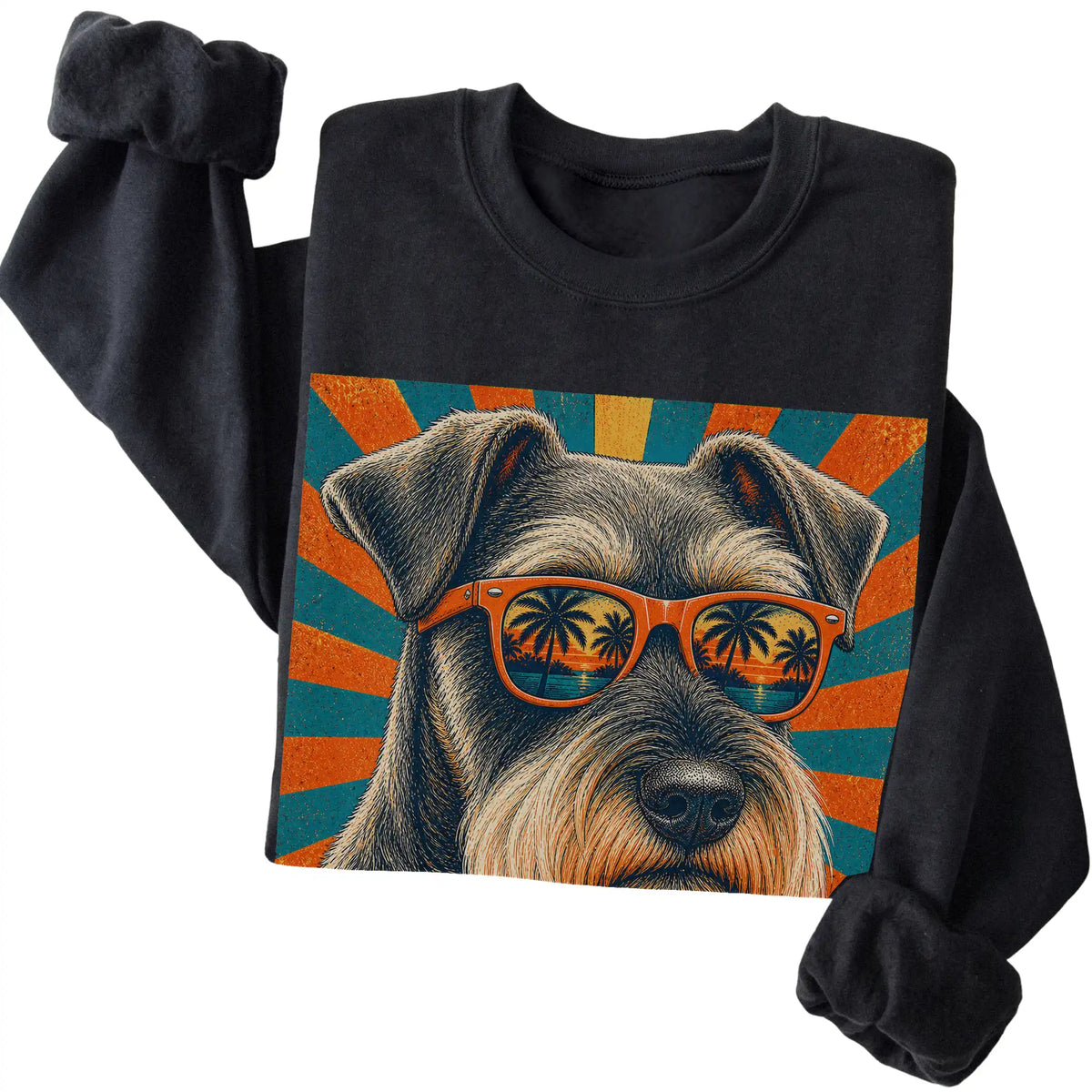 Folded Black crewneck sweatshirt with a Retro Schnauzer Dad design