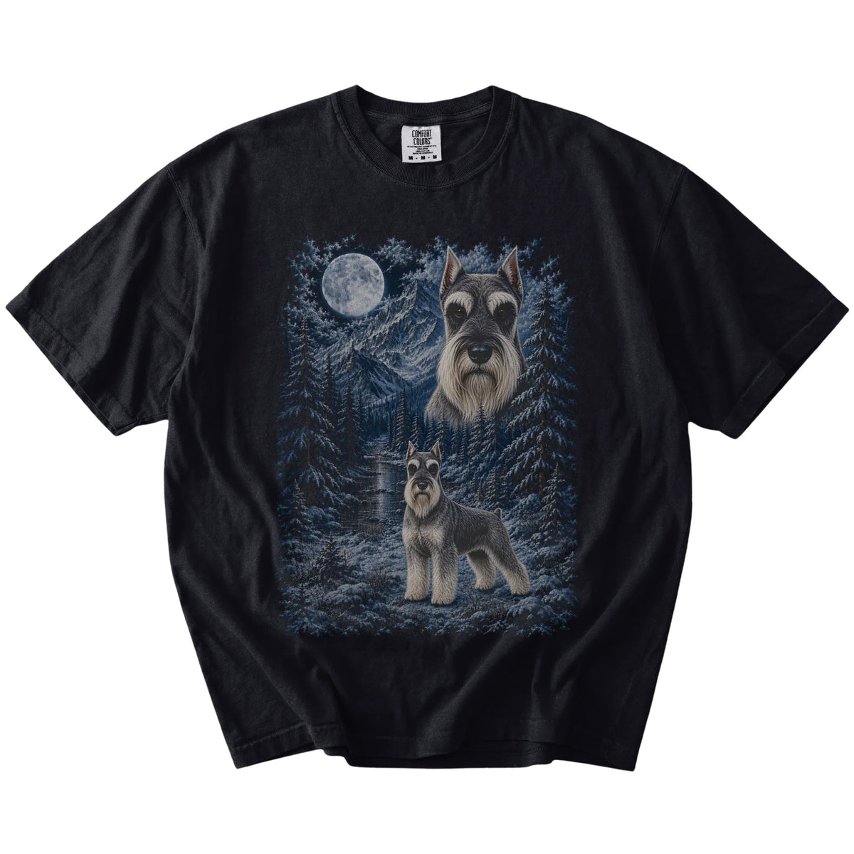 Schnauzer in a snowy winter forest on a Black t-shirt