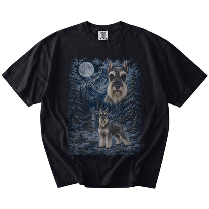 Schnauzer in a snowy winter forest on a Black t-shirt