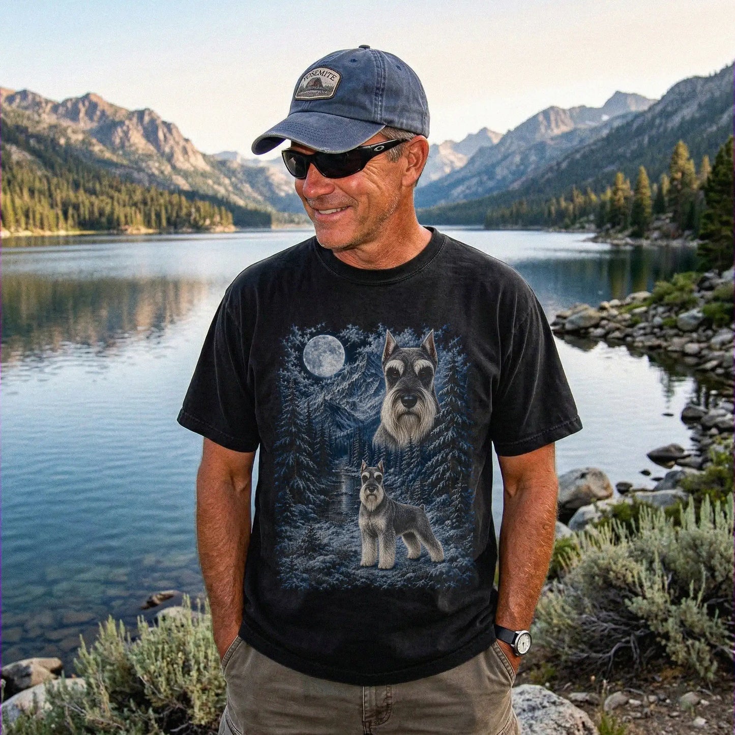 Person wearing a Black Schnauzer winter forest t-shirt