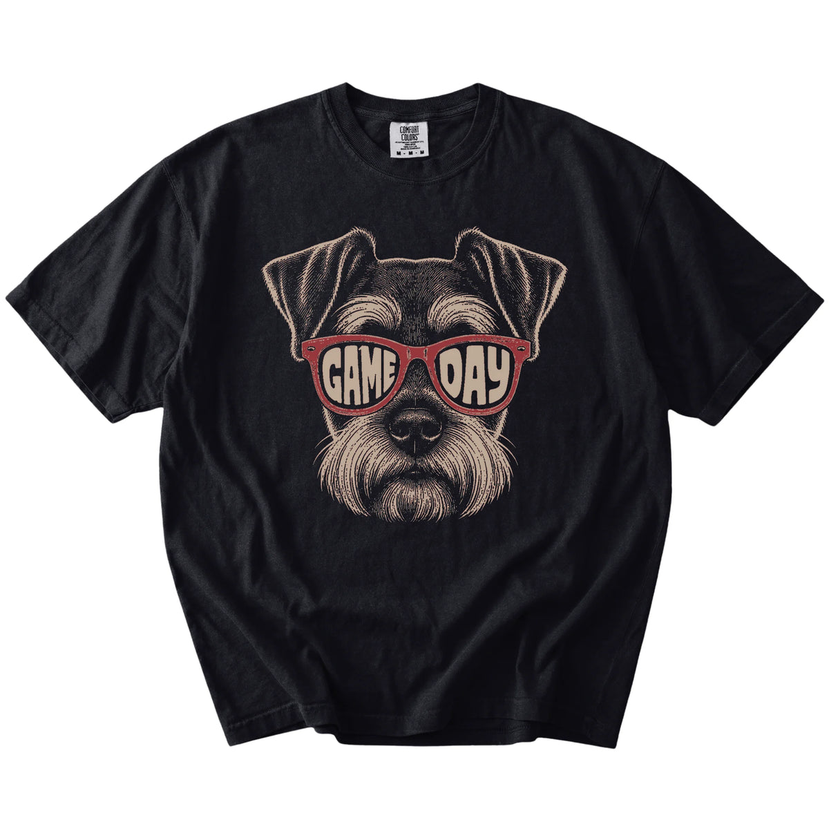 Schnauzer wearing red Game Day sunglasses on a Black Comfort Colors® T-shirt
