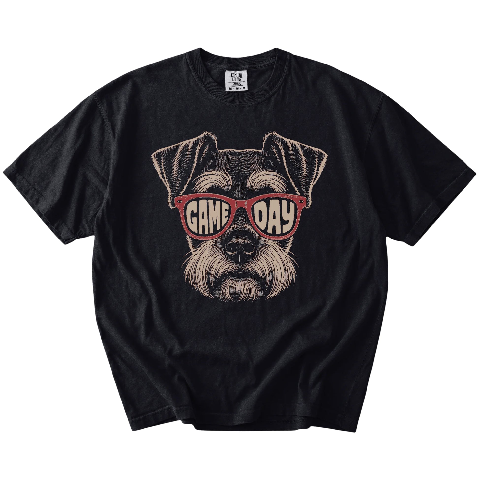 Schnauzer wearing red Game Day sunglasses on a Black Comfort Colors® T-shirt