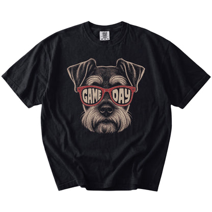 Schnauzer wearing red Game Day sunglasses on a Black Comfort Colors® T-shirt