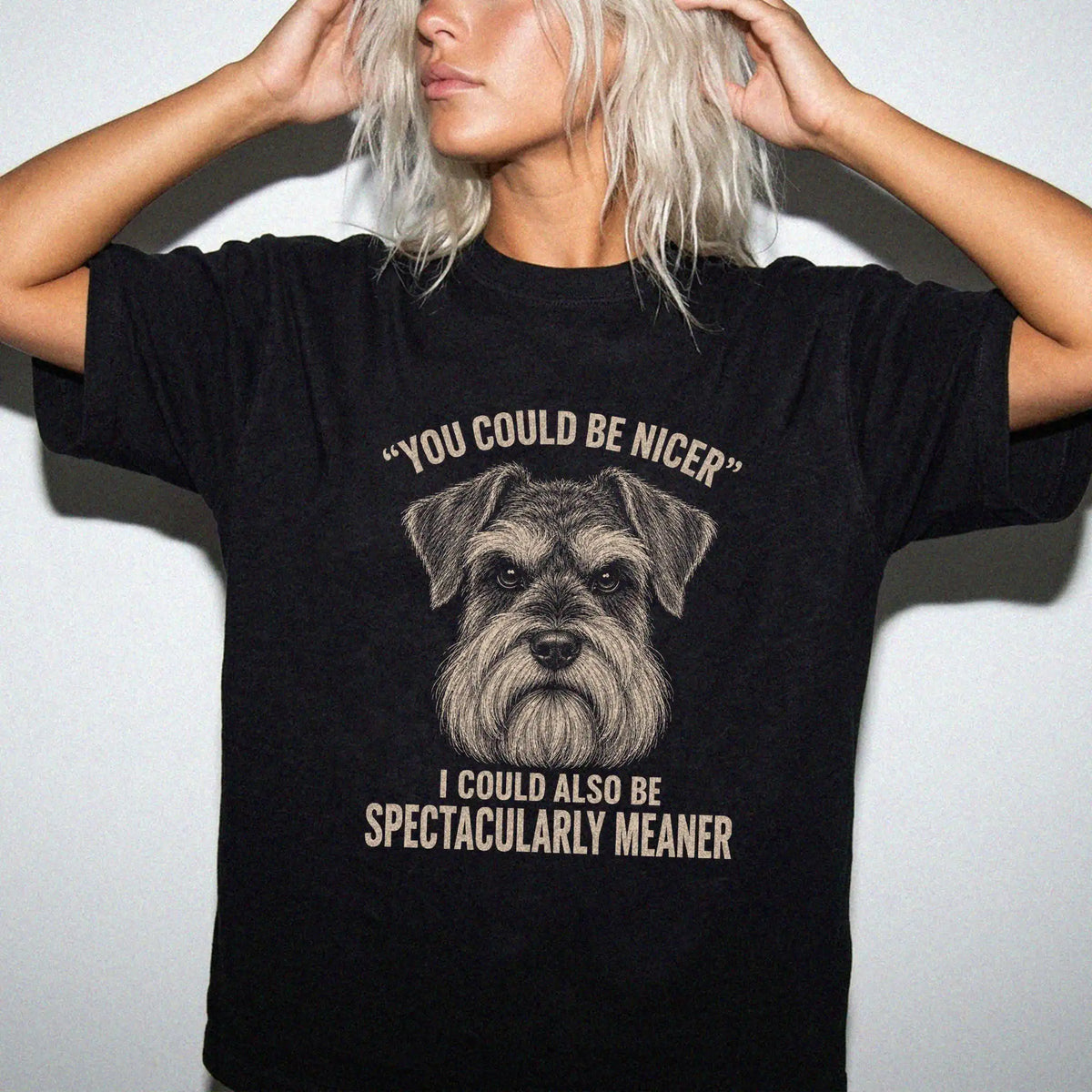 Schnauzer Guard Dog T-Shirt in Black worn in a studio setting