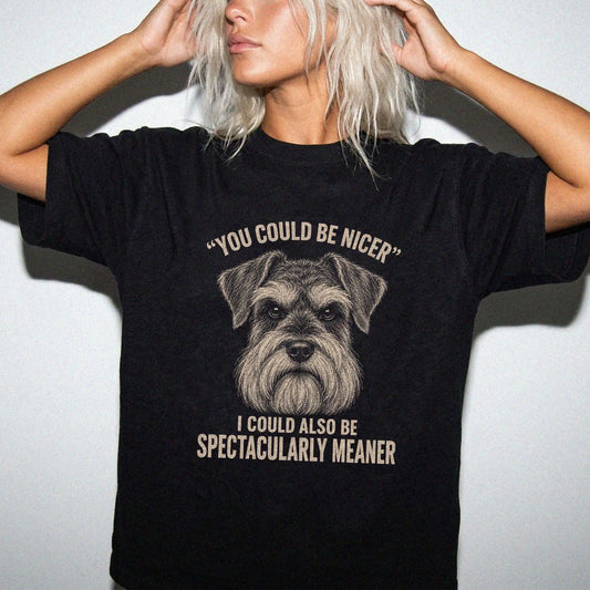 Schnauzer Guard Dog T-Shirt in Black worn in a studio setting