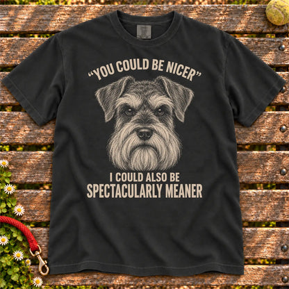 Schnauzer Guard Dog design on a Black Comfort Colors T-shirt, shown flat