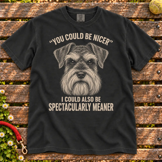 Schnauzer Guard Dog design on a Black Comfort Colors T-shirt, shown flat