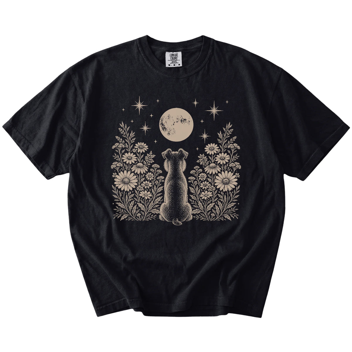 Schnauzer beneath a wildflower moon on a Black Comfort Colors® T-shirt
