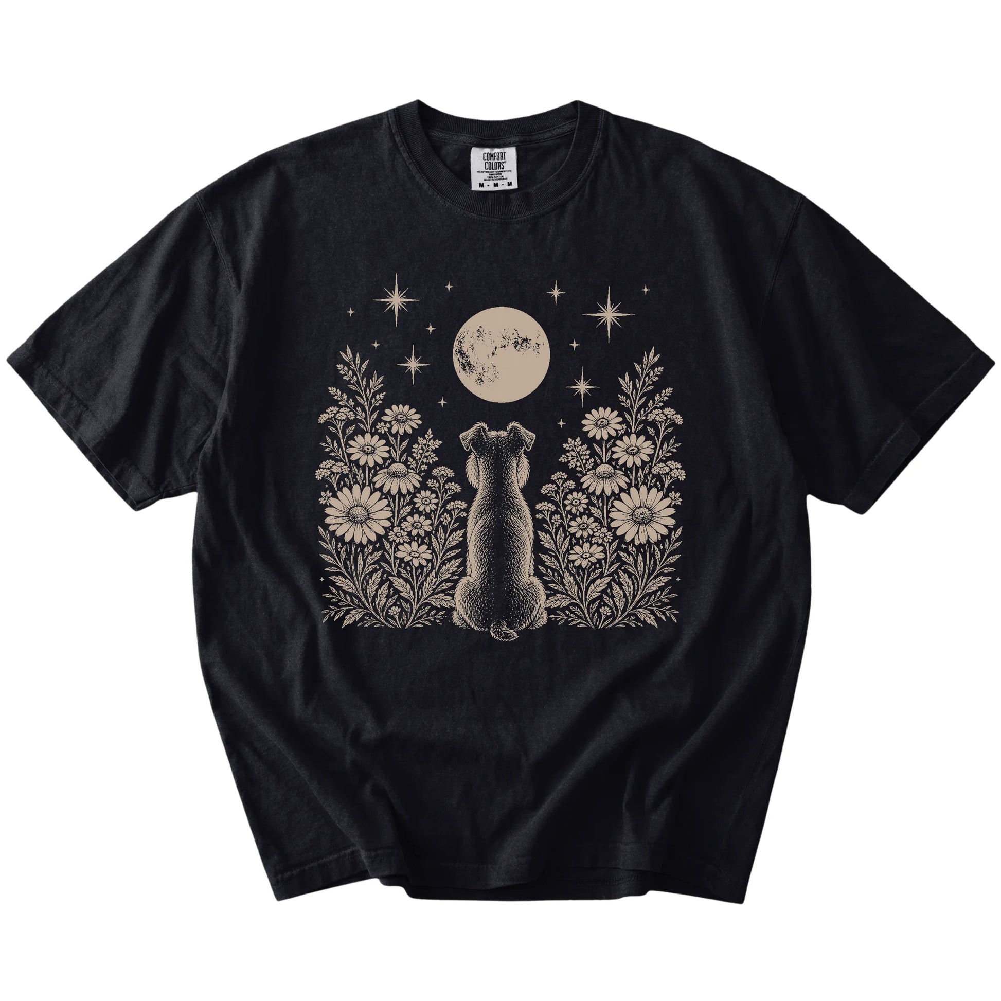 Schnauzer beneath a wildflower moon on a Black Comfort Colors® T-shirt