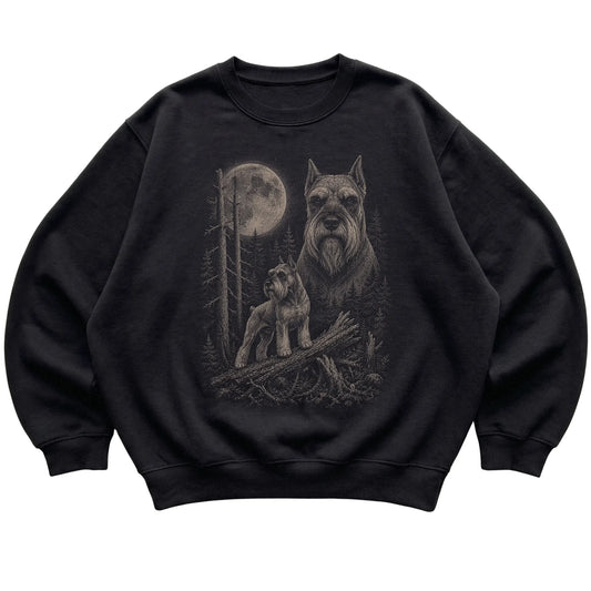Schnauzer Moonlit Forest graphic on a black crewneck sweatshirt laid flat