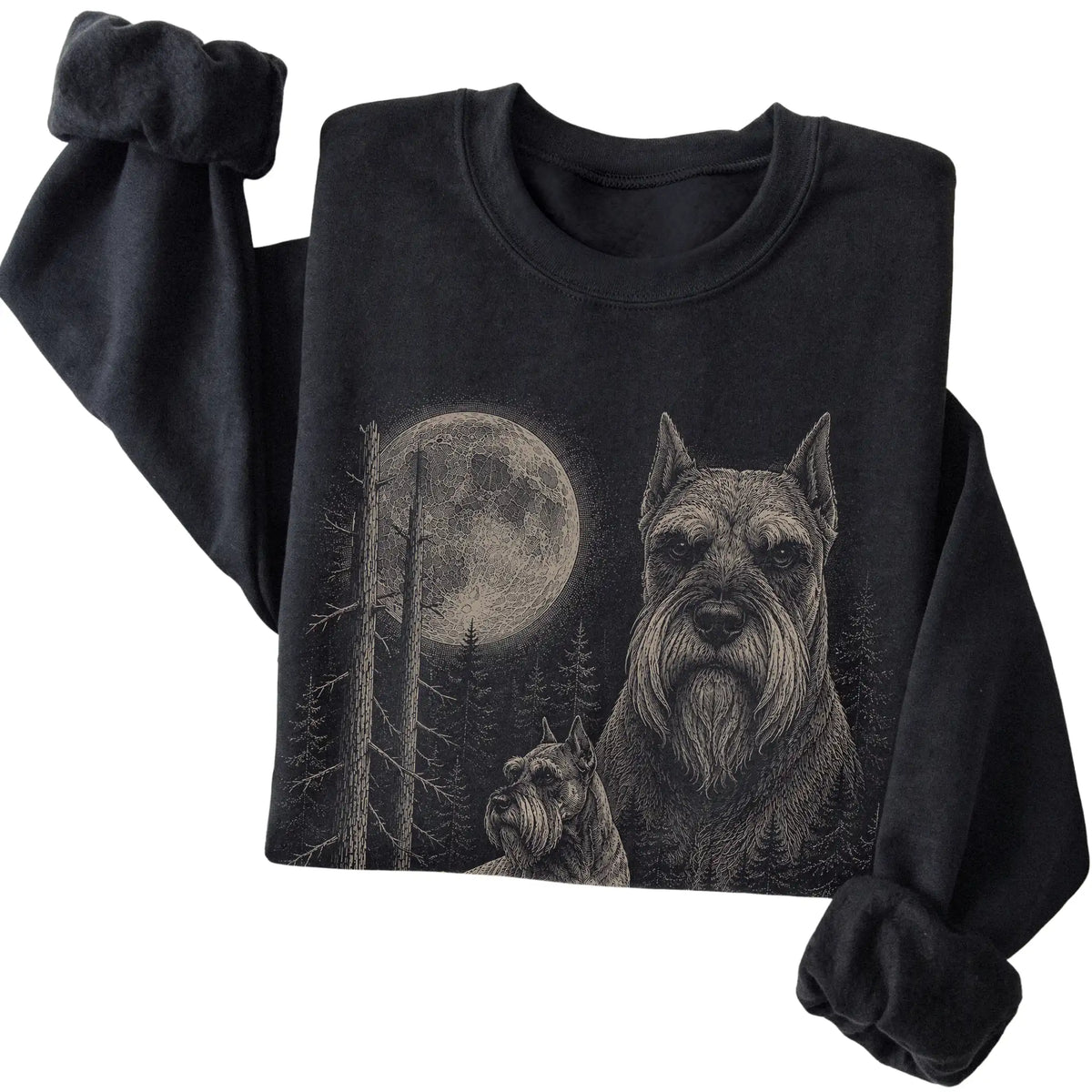 Folded black crewneck sweatshirt showing the Schnauzer Moonlit Forest graphic
