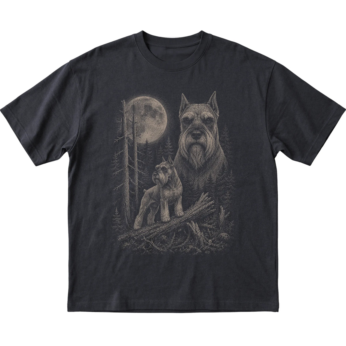 Schnauzer Moonlit Forest graphic on a black Softstyle T-shirt laid flat