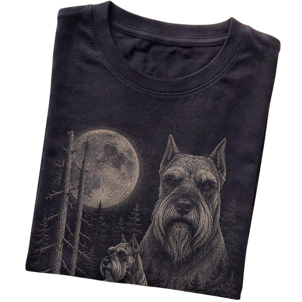 Folded black Softstyle T-shirt showing the Schnauzer Moonlit Forest graphic