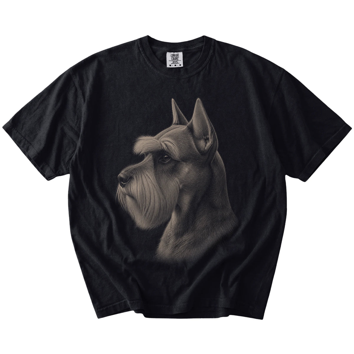 A detailed photographic portrait of a Schnauzer on a Black Comfort Colors® T-shirt