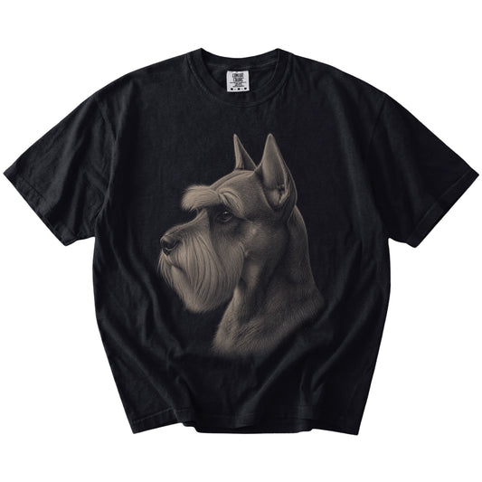 A detailed photographic portrait of a Schnauzer on a Black Comfort Colors® T-shirt