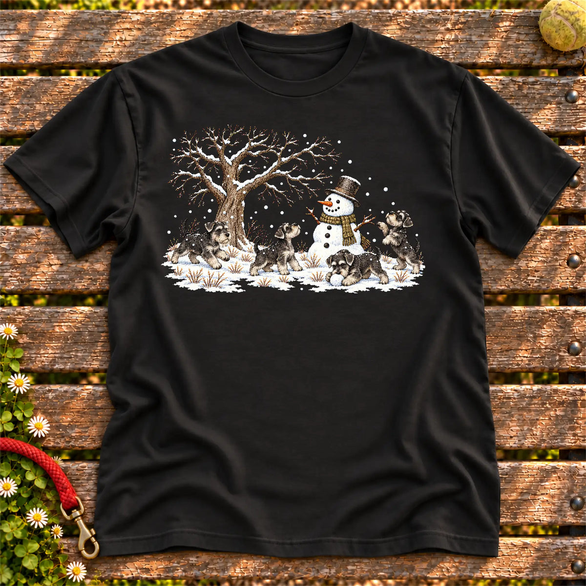 Schnauzer puppies playing in snow with a snowman on a Black T-shirt