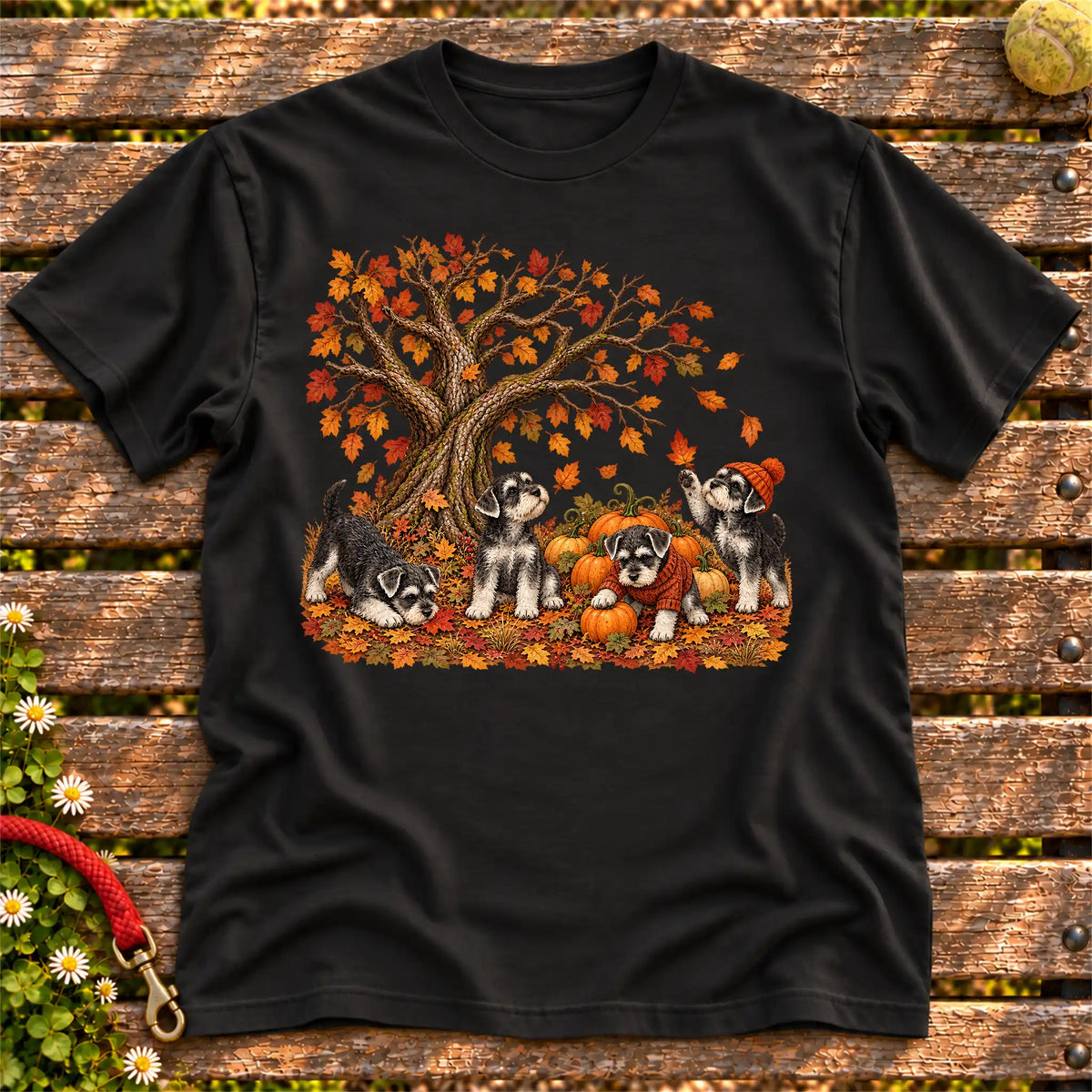 Schnauzer puppies in an autumn pumpkin patch on a Black Softstyle T-shirt