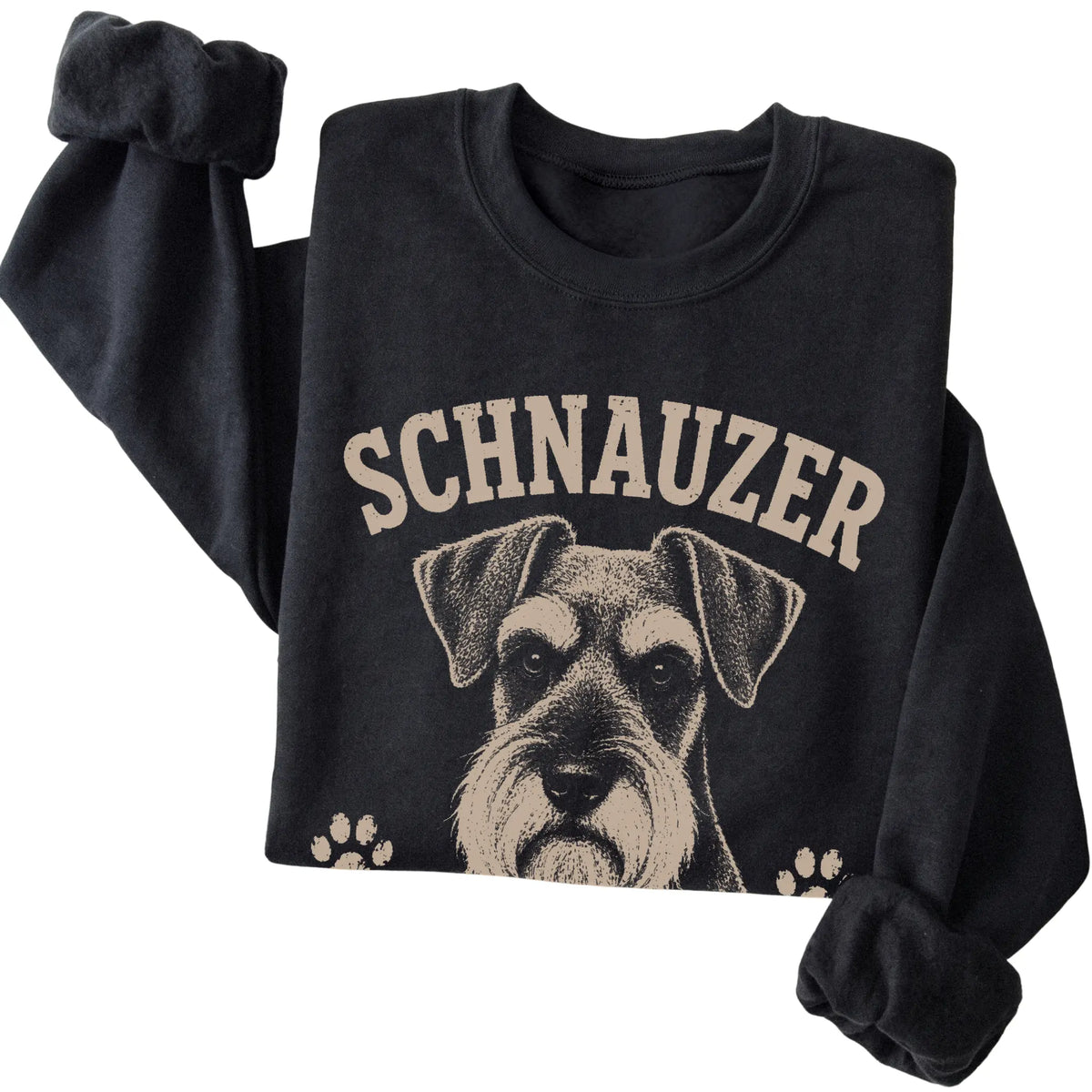 Black crewneck sweatshirt featuring Serious Brows, Questionable Decisions - Schnauzer, folded presentation